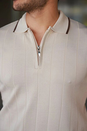 Erkek Fermuar Yakalı çizgi Dokulu Kısa Kollu Tişört