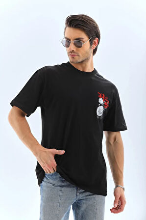 Unisex Oversize Baskılı Bisiklet Yaka Thirt  iyah