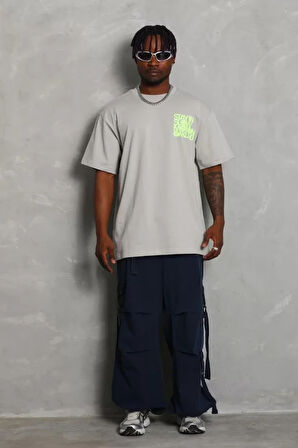 Unisex Oversize Baskılı Bisiklet Yaka Thirt  Gri