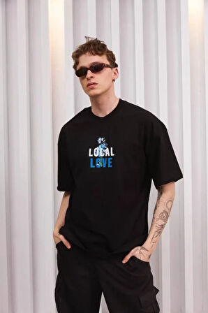 Unisex Bisiklet Yaka Baskılı Oversize Thirt  iyah