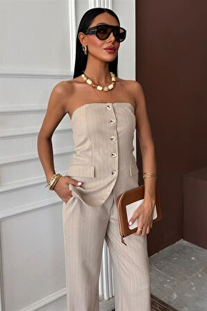 traplez Büstiyerli Plazzo Pantolonlu Çizgili Takım 10151