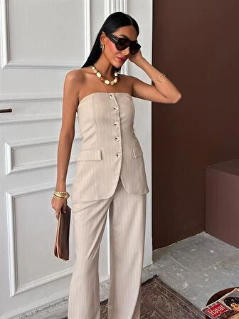 traplez Büstiyerli Plazzo Pantolonlu Çizgili Takım 10151