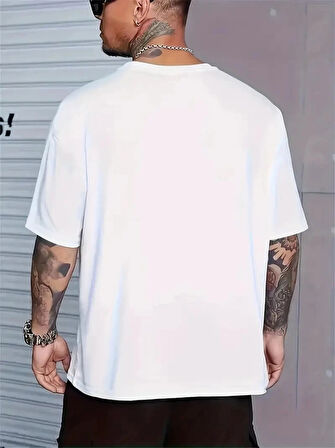Baskılı Oversize Bisiklet Yaka Tshirt  Beyaz
