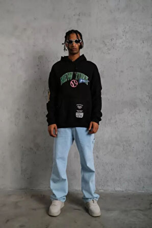 Erkek Baskılı Kapüşonlu weatshirt  iyah