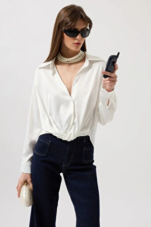 Bel Büzgülü Crop Saten Gömlek