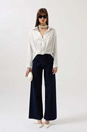 Bel Büzgülü Crop Saten Gömlek