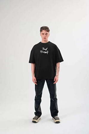 Unisex Bisiklet Yaka Baskılı Oversize Thirt  iyah