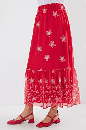 8010 Desenli Şifon Etek  A.Kırmızı