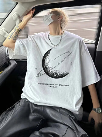 Baskılı Oversize Bisiklet Yaka Tshirt  Beyaz