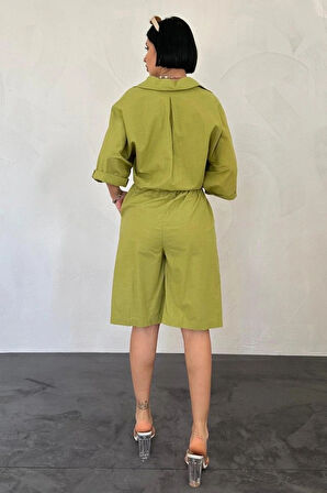 Yağ Yeşili Kısa Kollu Keten Gömlek Ve Şort Takım