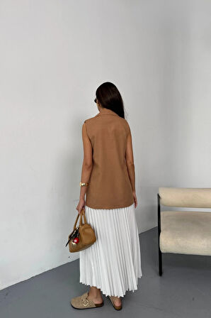 GOLD DÜĞELİ KETEN YELEK  Kahverengi