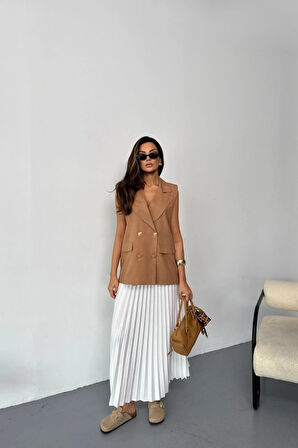 GOLD DÜĞELİ KETEN YELEK  Kahverengi