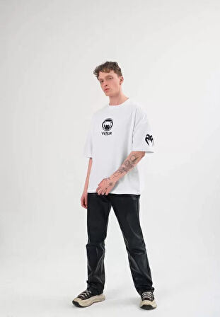 Unisex Bisiklet Yaka Baskılı Oversize Thirt  Beyaz