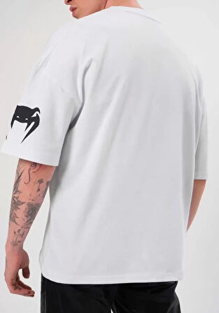 Unisex Bisiklet Yaka Baskılı Oversize Thirt  Beyaz