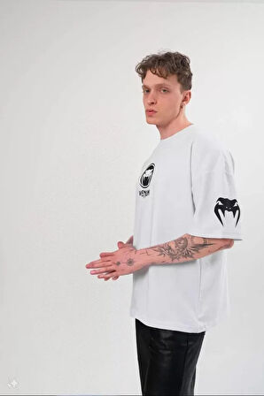 Unisex Bisiklet Yaka Baskılı Oversize Thirt  Beyaz