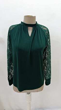 Kadın Uzun Dantel Kollu Yuvarlak Yakalı Sandy Bluz