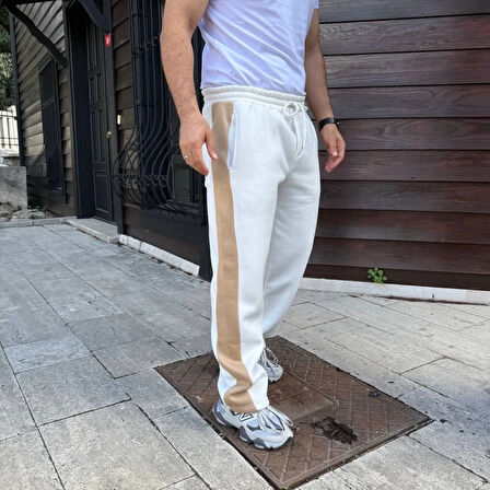 Erkek Üç İplik Kışlık Pamuklu Yandan Garneli Kalın Bej Şeritli Cepli Eşofman Altı  Beyaz