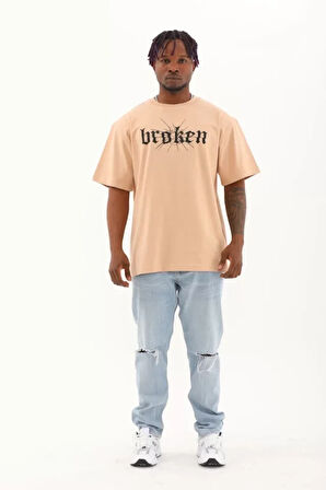 Unisex Oversize Baskılı Bisiklet Yaka Thirt  Bej