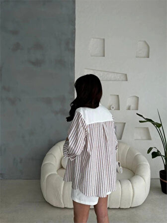 GABARDİN ŞORT  GABARDİN  ÇİZGİLİ KETEN GARNİLİ CEKET TAKI  Kahverengi