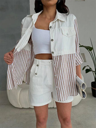 GABARDİN ŞORT  GABARDİN  ÇİZGİLİ KETEN GARNİLİ CEKET TAKI  Kahverengi