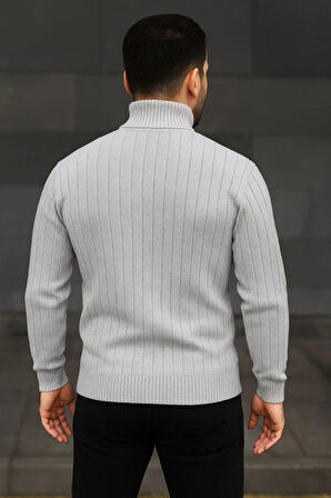 Erkek Balıkcı Yaka Bağazlı Triko Kazak Pamuklu Kalın Fitilli Dokuma, Regular Fit Uzun Kollu Kışlık odel  Gri