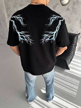 Unisex Bisiklet Yaka Baskılı Oversize Thirt  iyah