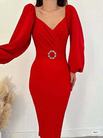 Kadın Kalp Yaka ırt Dekolteli Kemer Toka Detay Midi Boy Elbise