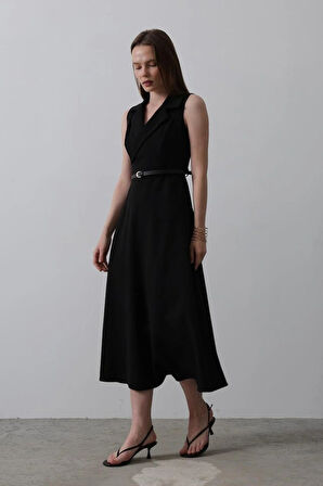 ıfır Kollu Kemer Detaylı Elbise  iyah