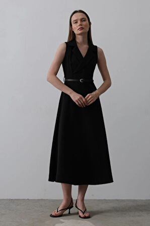 ıfır Kollu Kemer Detaylı Elbise  iyah