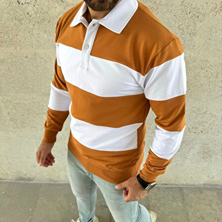 Erkek Polo Yaka Uzun Kollu Çizgili weatshirt Trend Rugby til  Turuncu