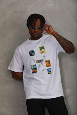 Unisex Oversize Baskılı Bisiklet Yaka Thirt  Beyaz