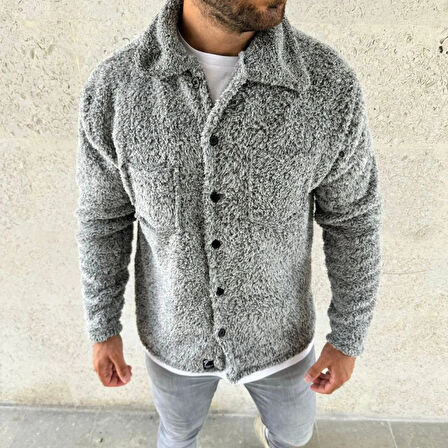 Erkek Pelüş Polar Hırka Gömlek – Yakalı, İlik Düğmeli, Göğüs Cepli, Yumuşak Dokulu Kışlık Regular Fit Rahat Günlük odel  Gri