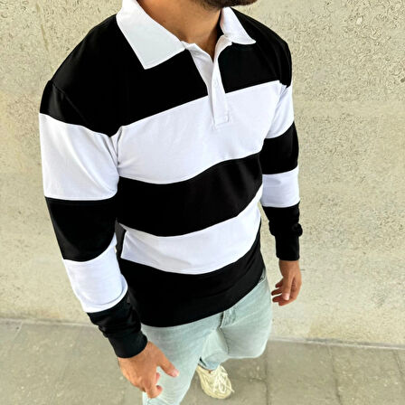 Erkek Polo Yaka Uzun Kollu Çizgili weatshirt Trend Rugby til  iyah