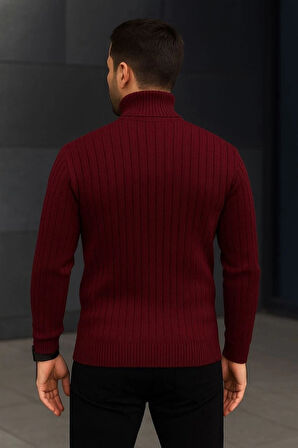 Erkek Balıkcı Yaka Bağazlı Triko Kazak Pamuklu Kalın Fitilli Dokuma, Regular Fit Uzun Kollu Kışlık odel  Bordo