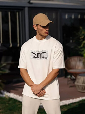 Unisex Bisiklet Yaka Baskılı Oversize Thirt  Beyaz