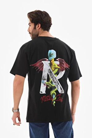 Unisex Bisiklet Yaka Baskılı Oversize Thirt  iyah