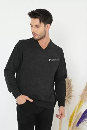 Baskılı V Yaka Uzun Kol Dokuma Triko  Füme