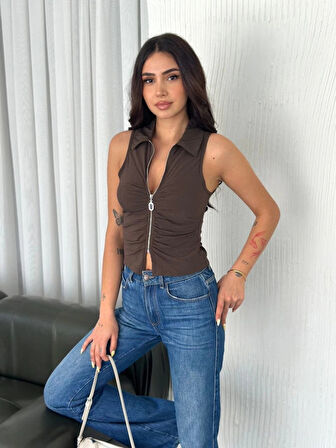 Yakalı Tam Fermuarlı Kolsuz Bluz  Kahverengi