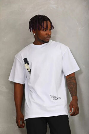 Unisex Oversize Baskılı Bisiklet Yaka Thirt  Beyaz