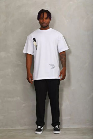 Unisex Oversize Baskılı Bisiklet Yaka Thirt  Beyaz