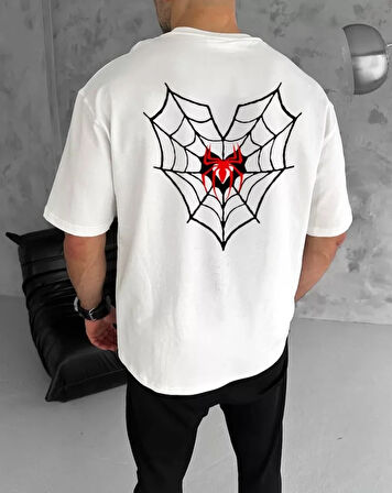 Unisex Bisiklet Yaka Baskılı Oversize Thirt  Beyaz