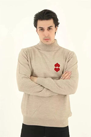 Unisex Yarım Boğazlı Baskılı Dokuma Triko  Bej