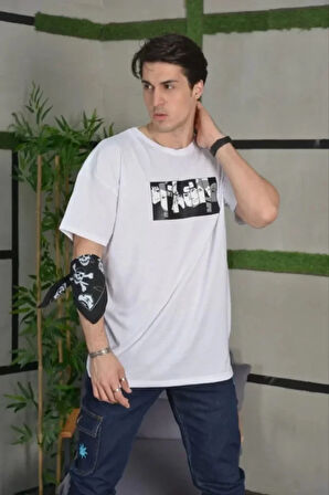 Unisex Bisiklet Yaka Baskılı Oversize Thirt  Beyaz