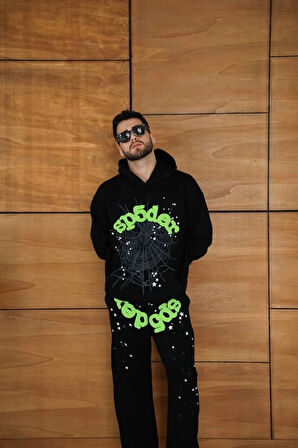 Erkek Kapüşonlu Eşofman Takım Örümcek Ağı Ve Neon Yeşil Baskılı Kanguru Cepli Oversize Rahat Kalıp, Premium Üç İplik Kumaş  iyah