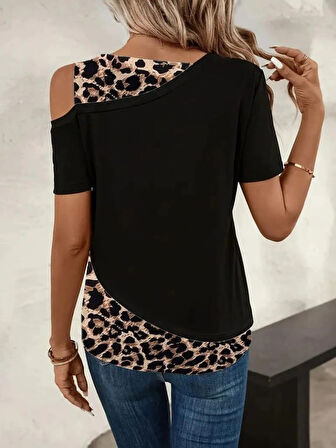 Kadın Kısa Kollu Geometrik Kesin Detaylı çift Renkli Viskon Bluz