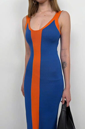 Çift Renk Yırtmaç Detay Elbise