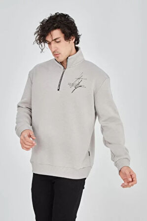 Erkek Yarım Fermuarlı Baskılı weat  Boyalı Gri