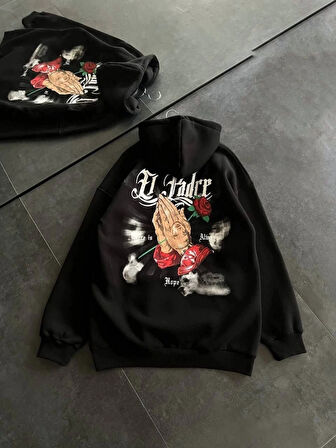 Üç İplik Penye Uzun Kol Kapşonlu Baskılı weathirt  iyah