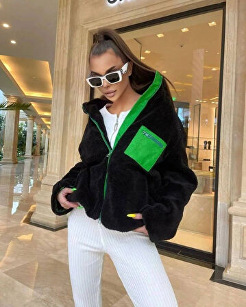 Kadın Uzun Kollu Renkli Cep Ve Fermuar Detay Peluş ont