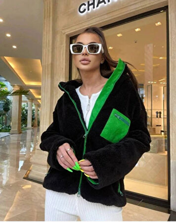 Kadın Uzun Kollu Renkli Cep Ve Fermuar Detay Peluş ont